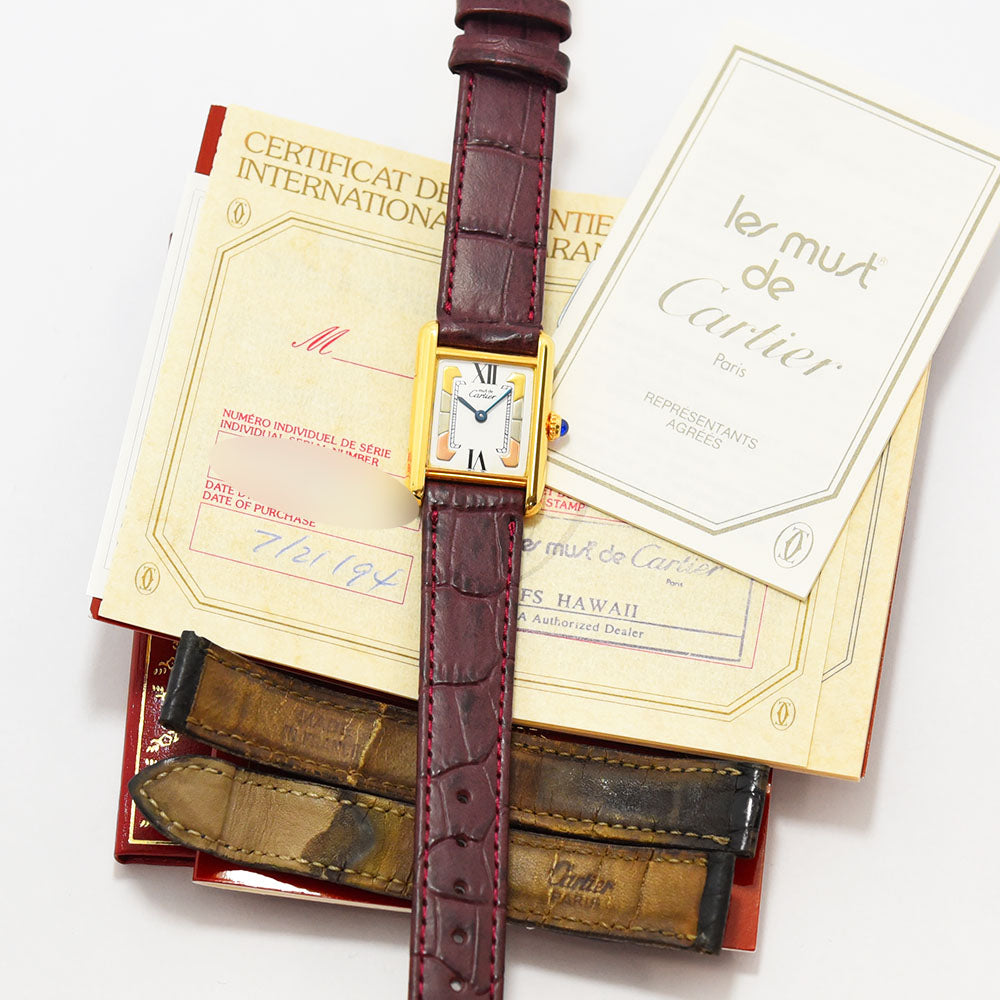 カルティエ 時計 レディース Cartier マストタンク ヴェルメイユ SM クォーツ SV925 新品社外レザー 軽仕上げ 中古