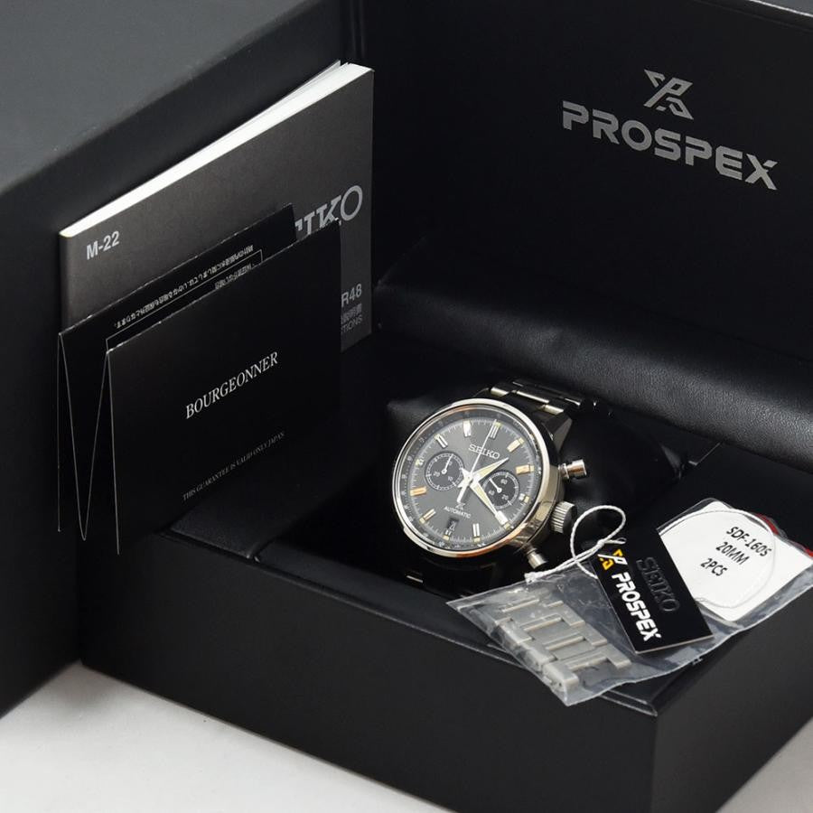 VINTAGE WATCHES FASHION 自動巻きクロノグラフウォッチ。ダークグレーの文字盤、ステンレススチール製ブレスレット、タキメーターベゼル。