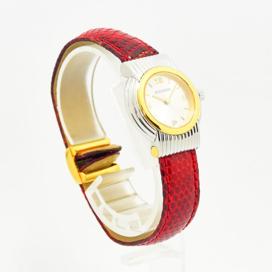 VINTAGE WATCHES FASHIONのBOUCHERONヴィンテージレディースウォッチ。シルバーとゴールドのコンビケースに鮮やかなレッドの型押しレザーベルトが映えるエレガントな腕時計。