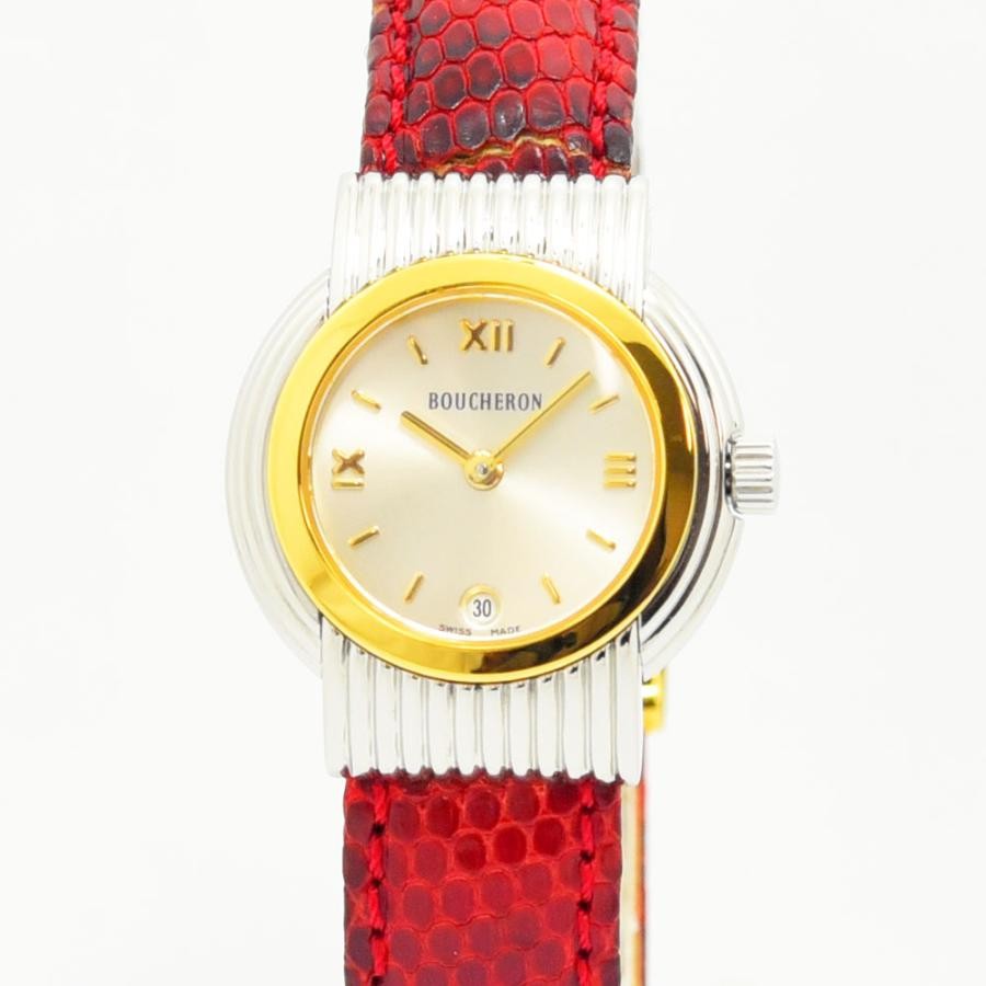 VINTAGE WATCHES FASHIONのBOUCHERONヴィンテージレディースウォッチ。シルバーとゴールドのコンビケースに鮮やかなレッドのレザーベルトが映えるエレガントな腕時計