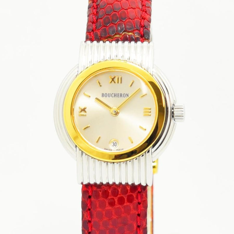 VINTAGE WATCHES FASHIONのBOUCHERONヴィンテージレディースウォッチ。シルバーとゴールドのコンビケースに鮮やかなレッドのレザーベルトが映えるエレガントな腕時計