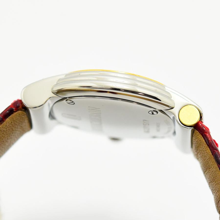 VINTAGE WATCHES FASHIONのBOUCHERONヴィンテージレディースウォッチ。シルバーとゴールドのコンビケースに鮮やかなレッドのレザーベルトを合わせた横からのアングル。