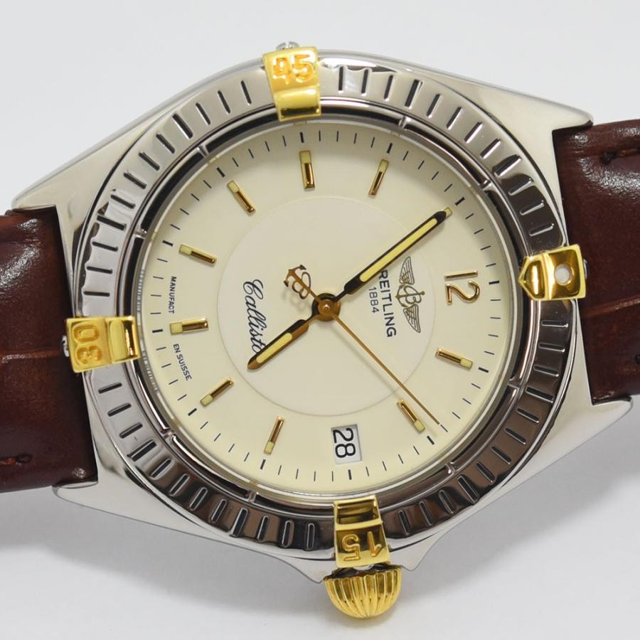 VINTAGE WATCHES FASHION Breitling Callisto レディースウォッチ、クリーム色の文字盤、ゴールドのアクセント、日付表示、ブラウンのレザーストラップ