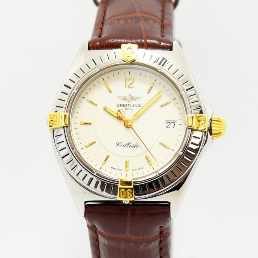 VINTAGE WATCHES FASHIONのブライトリング カリスト レディースウォッチ。クリーム色の文字盤、ゴールドのインデックス、日付表示窓、ブラウンのクロコダイル型押しレザーストラップ。
