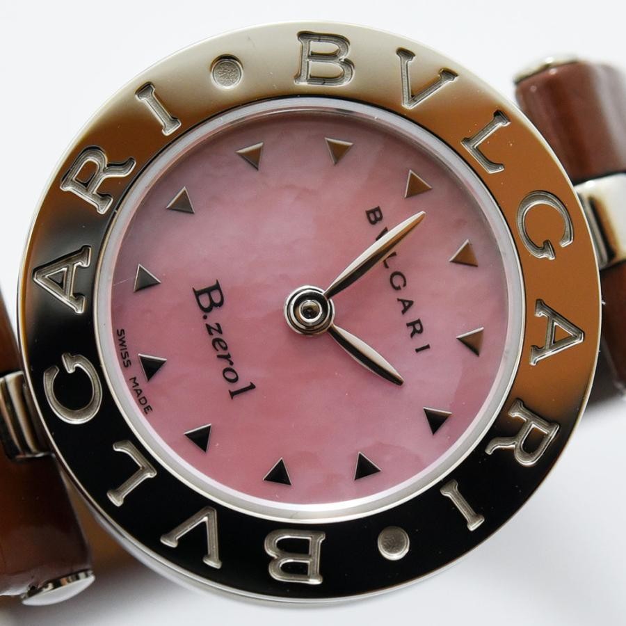VINTAGE WATCHES FASHION ブルガリ B.zero1 クオーツ レディース腕時計、淡いピンクの文字盤、ブラウンレザーベルト