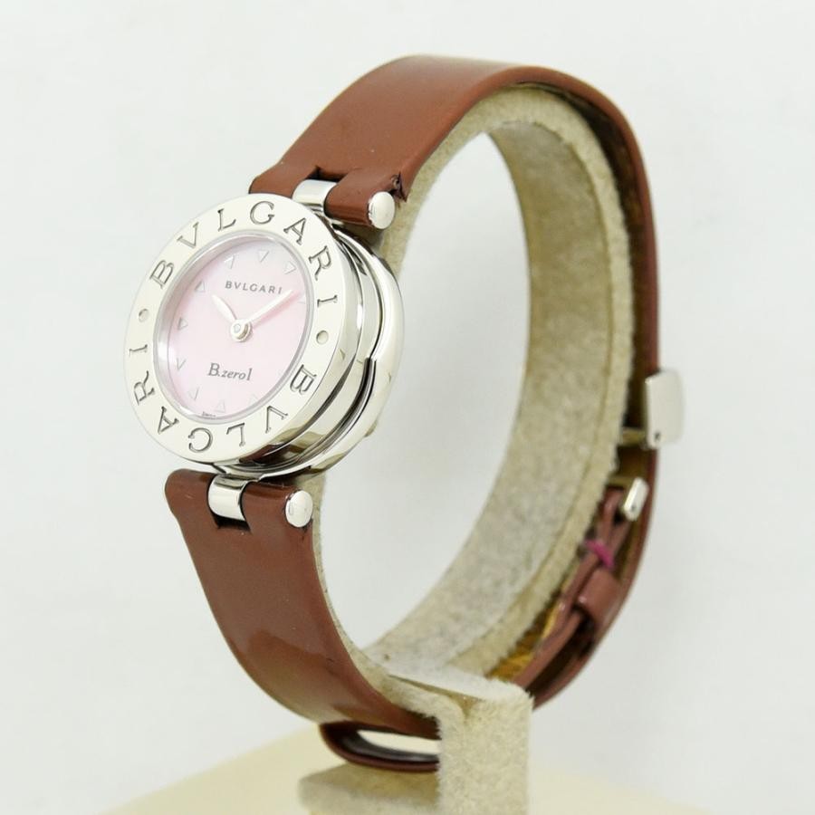 VINTAGE WATCHES FASHION ブルガリ B.zero1 クオーツ レディース腕時計、淡いピンクの文字盤、ブラウンのレザーベルト