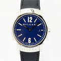 VINTAGE WATCHES FASHION ブルガリ ソロテンポ ST35S メンズ腕時計。ブルー文字盤、シルバーケース、ブラックレザーベルト、日付表示機能付き。