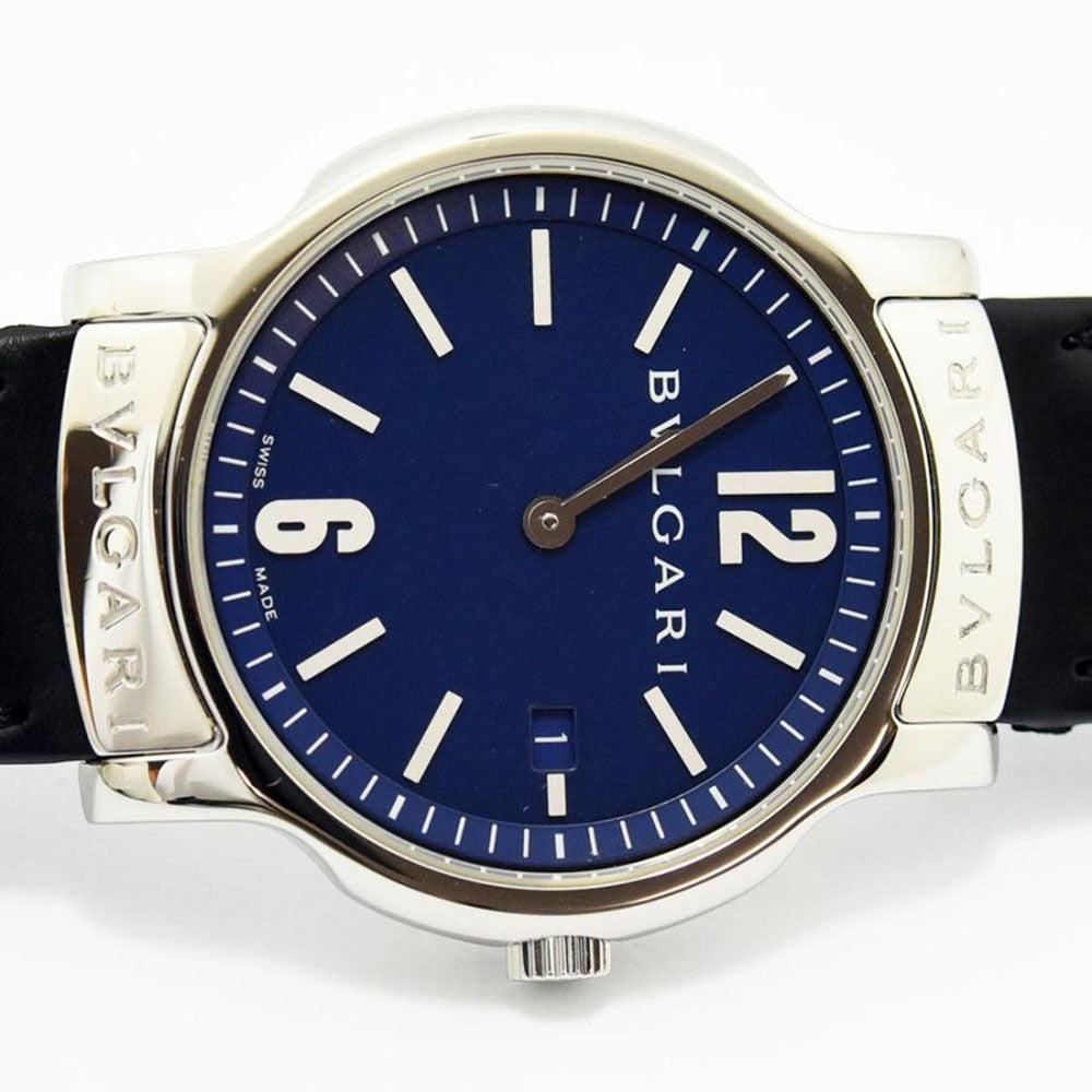 VINTAGE WATCHES FASHION ブルガリ ソロテンポ ST35S メンズ腕時計。ブルーの文字盤、シルバーケース、ブラックレザーベルト。日付表示機能付き。