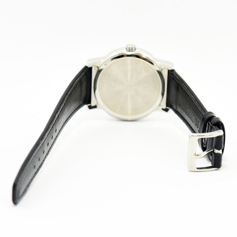 VINTAGE WATCHES FASHION ブルガリ ソロテンポ ST35S メンズ腕時計。シルバーケース、ブラックレザーベルト、ブルー文字盤。日付表示機能付き。