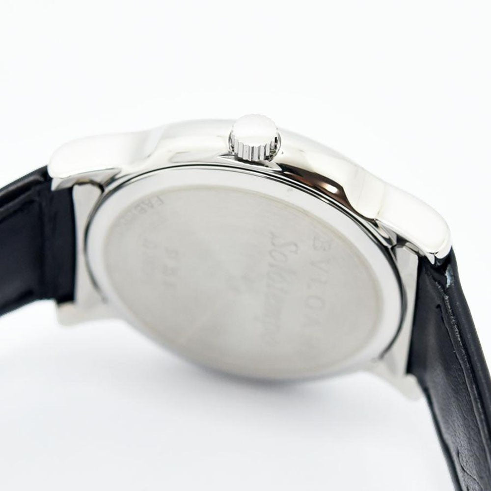 VINTAGE WATCHES FASHION ブルガリ ソロテンポ ST35S メンズ腕時計。シルバーケース、ブラックレザーベルト、ブルー文字盤。日付表示機能付き。