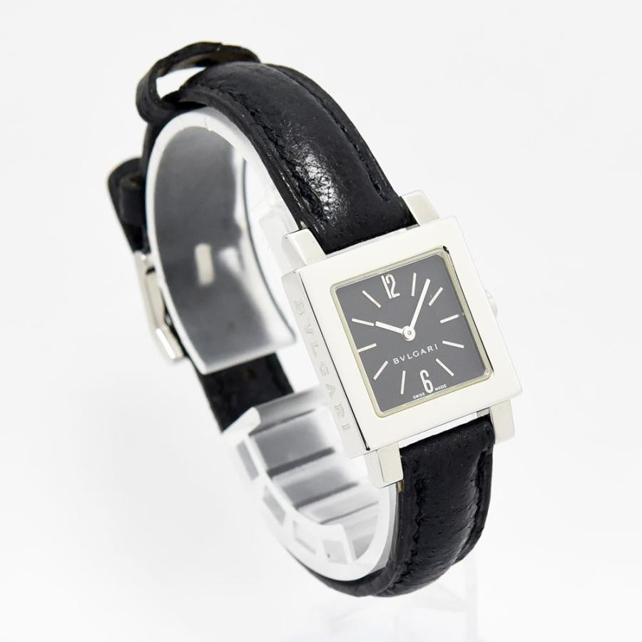 VINTAGE WATCHES FASHIONのブルガリ製スクエアフェイス腕時計。ブラックレザーベルト、シルバーケース、ブラックダイヤル。