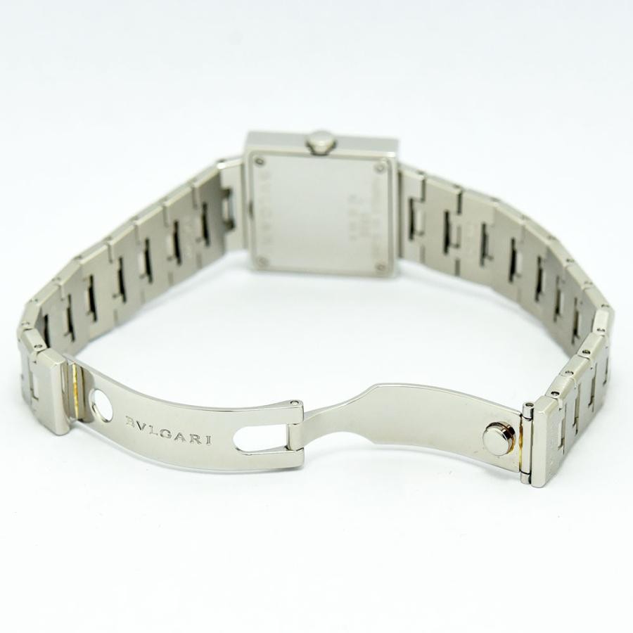 VINTAGE WATCHES FASHION ブルガリのシルバー製ステンレススチール製スクエアフェイス腕時計。ダークグレーの文字盤にミニマルなインデックス。