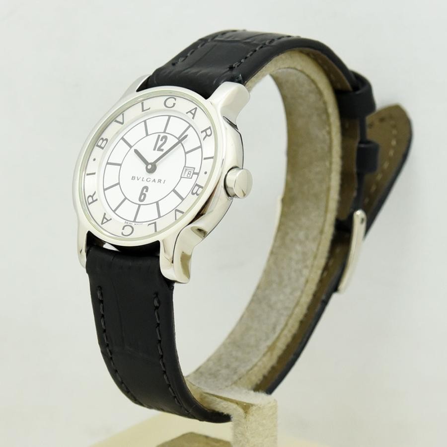 VINTAGE WATCHES FASHION ブルガリ ステンレススチールレザーベルト腕時計。シルバーケース、ホワイトダイヤル、アラビア数字インデックス、日付表示窓、ブラッククロコ型押しレザーストラップ。