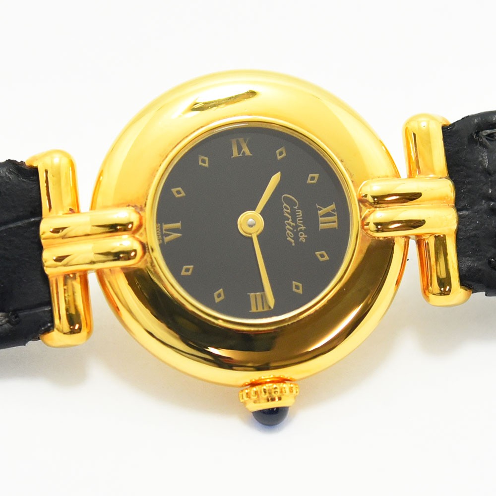 VINTAGE WATCHES FASHION カルティエ マストタンク ヴェルメイユ ゴールドトーンケース ブラックダイヤル ローマ数字 アリゲーターエンボス加工レザーストラップ