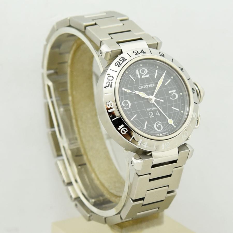 VINTAGE WATCHES FASHION カルティエ パシャ GMT オートマティック ウォッチ。ステンレススティール製、ブラック文字盤、自動巻き、GMT機能付き。