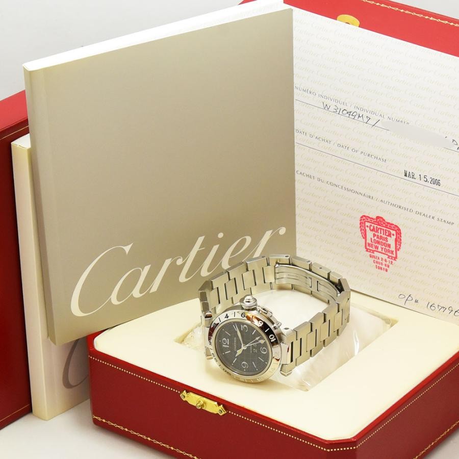VINTAGE WATCHES FASHION カルティエ パシャ GMT オートマティック ウォッチ。ステンレススティール製、ブラック文字盤、自動巻き。