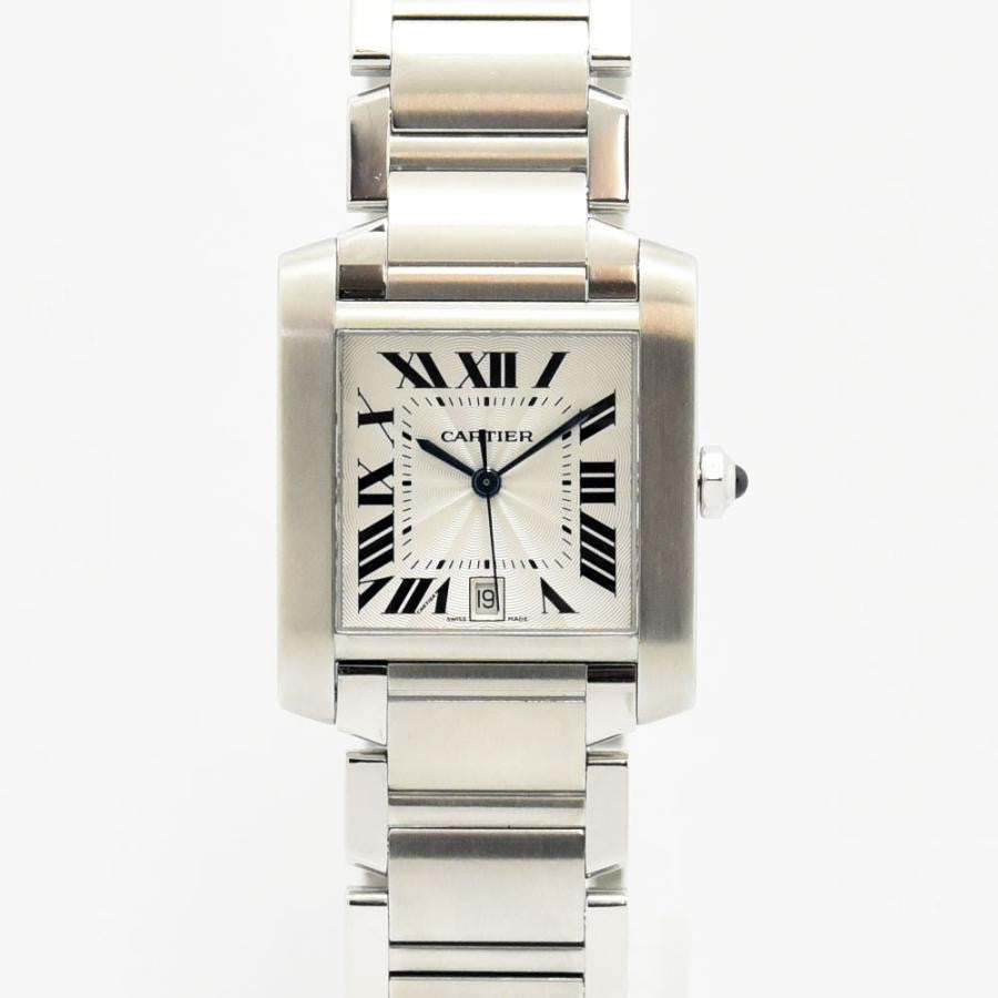 VINTAGE WATCHES FASHIONのCartierタンクフランセーズ自動巻き腕時計。ステンレス製スクエアケースにローマ数字文字盤とブルーのスピネルリューズが特徴。