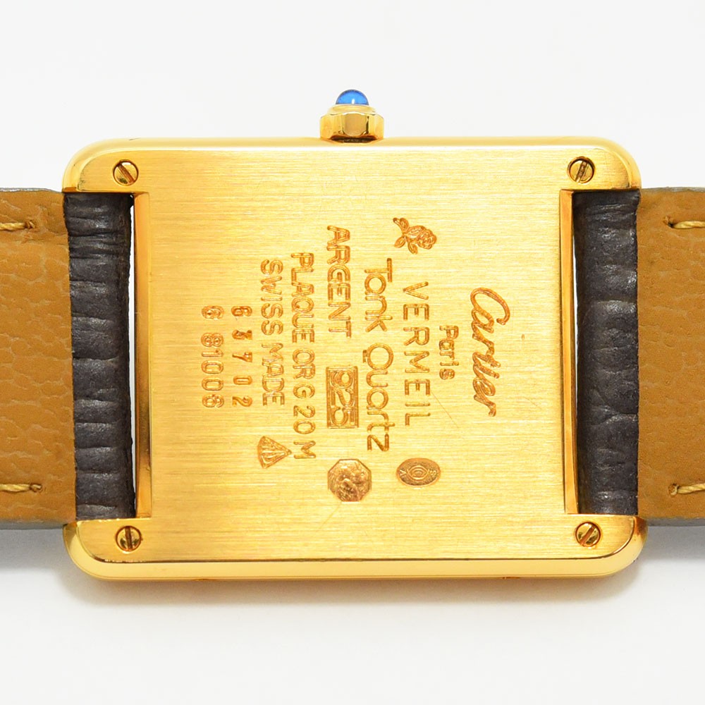 VINTAGE WATCHES FASHION カルティエ タンク レディース 腕時計。ゴールドトーンのケース、グレーのアリゲーターレザーストラップ、ローマ数字インデックス。