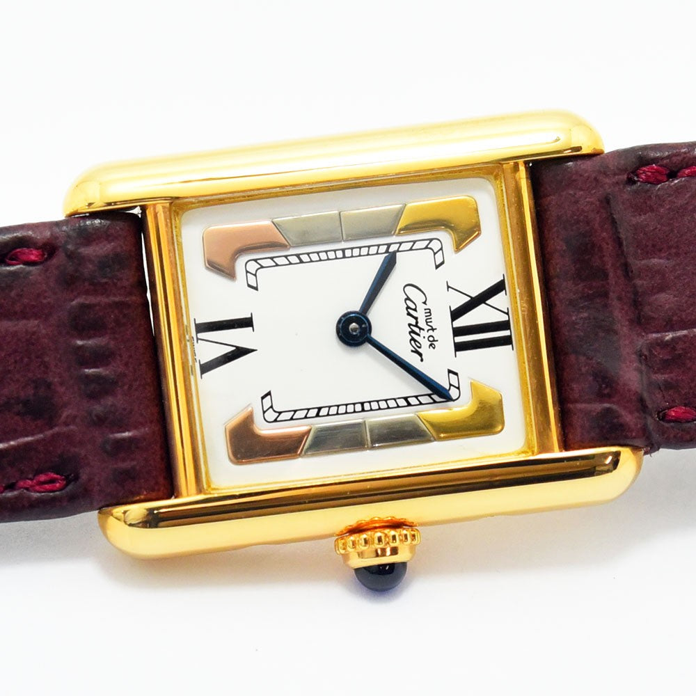 VINTAGE WATCHES FASHION カルティエ タンク ヴェルメイユ クォーツウォッチ、ボルドーのクロコ型押しレザーストラップ、ローマ数字インデックス、ゴールドカラーケース