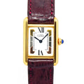 VINTAGE WATCHES FASHION カルティエ タンクヴェルメイユ クォーツウォッチ、ボルドーレザーストラップ、ゴールドケース、ローマ数字