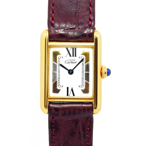 VINTAGE WATCHES FASHION カルティエ タンクヴェルメイユ クォーツウォッチ、ボルドーレザーストラップ、ゴールドケース、ローマ数字