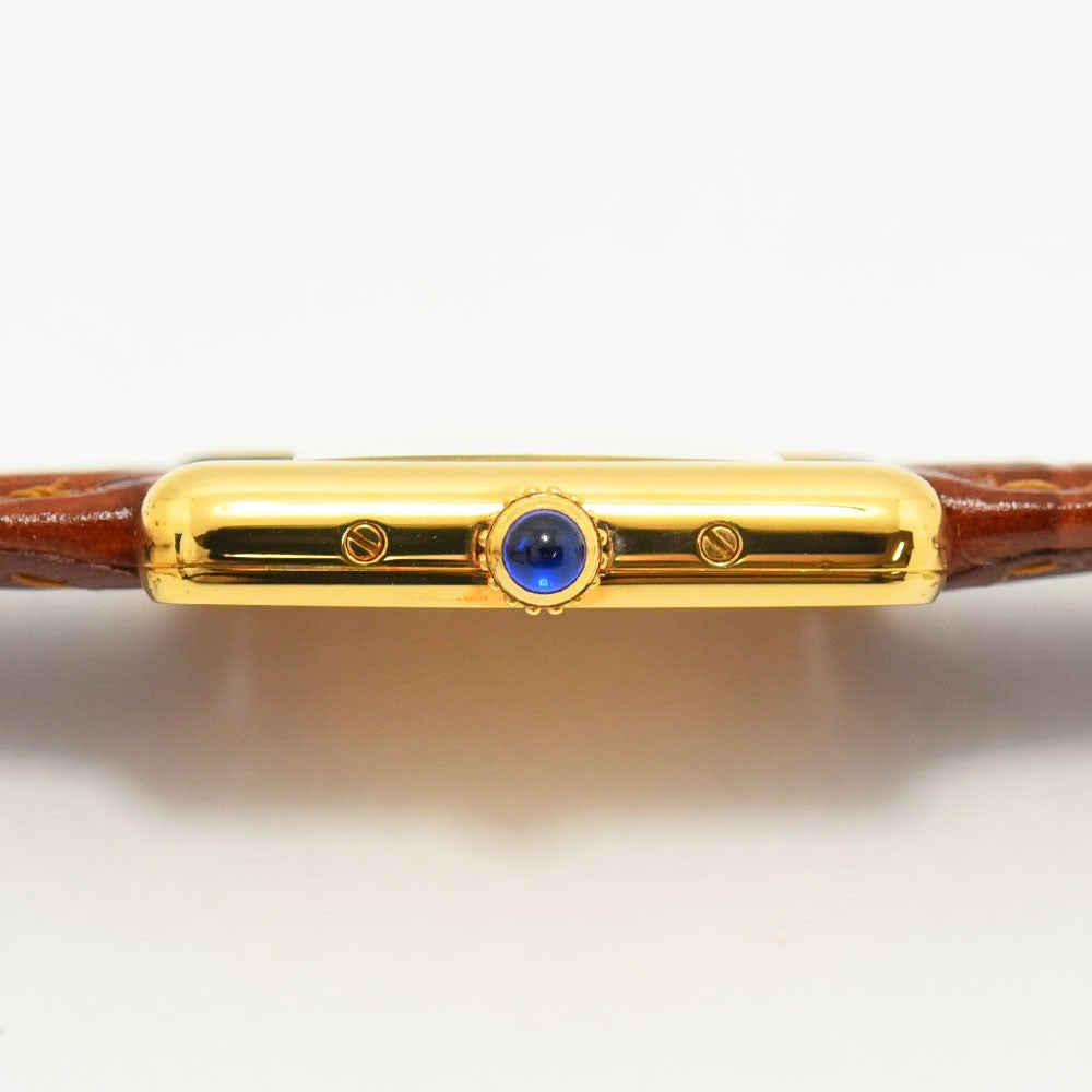 VINTAGE WATCHES FASHIONのイエローゴールドカラーケース、ブルーカボション付きリューズ、ブラウンクロコダイルエンボスレザーストラップのカルティエ タンク ヴェルメイユ レディースウォッチ