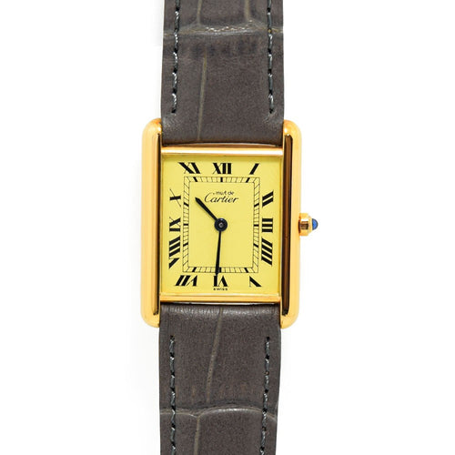 VINTAGE WATCHES FASHION カルティエ タンク レディース腕時計、イエローフェイス、ローマ数字インデックス、ゴールドトーンケース、グレーアリゲーターレザーストラップ