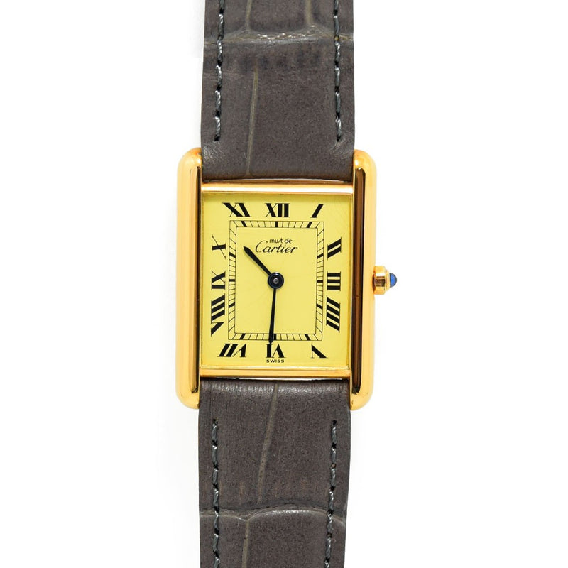 VINTAGE WATCHES FASHION カルティエ タンク レディース腕時計、イエローフェイス、ローマ数字インデックス、ゴールドトーンケース、グレーアリゲーターレザーストラップ