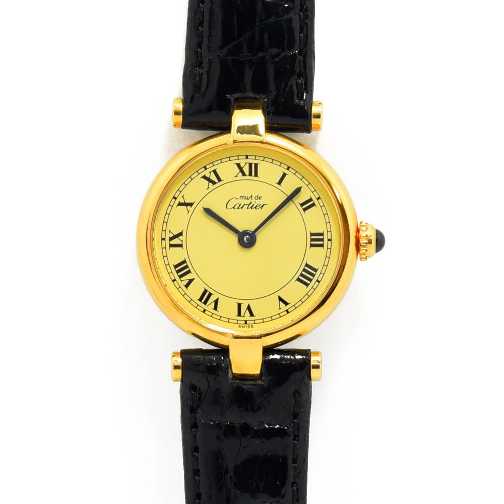 VINTAGE WATCHES FASHION カルティエ ヴァンティアンSM ゴールドケース クリーム文字盤 ローマ数字 ブラッククロコダイル調レザーベルト スイス製クオーツ