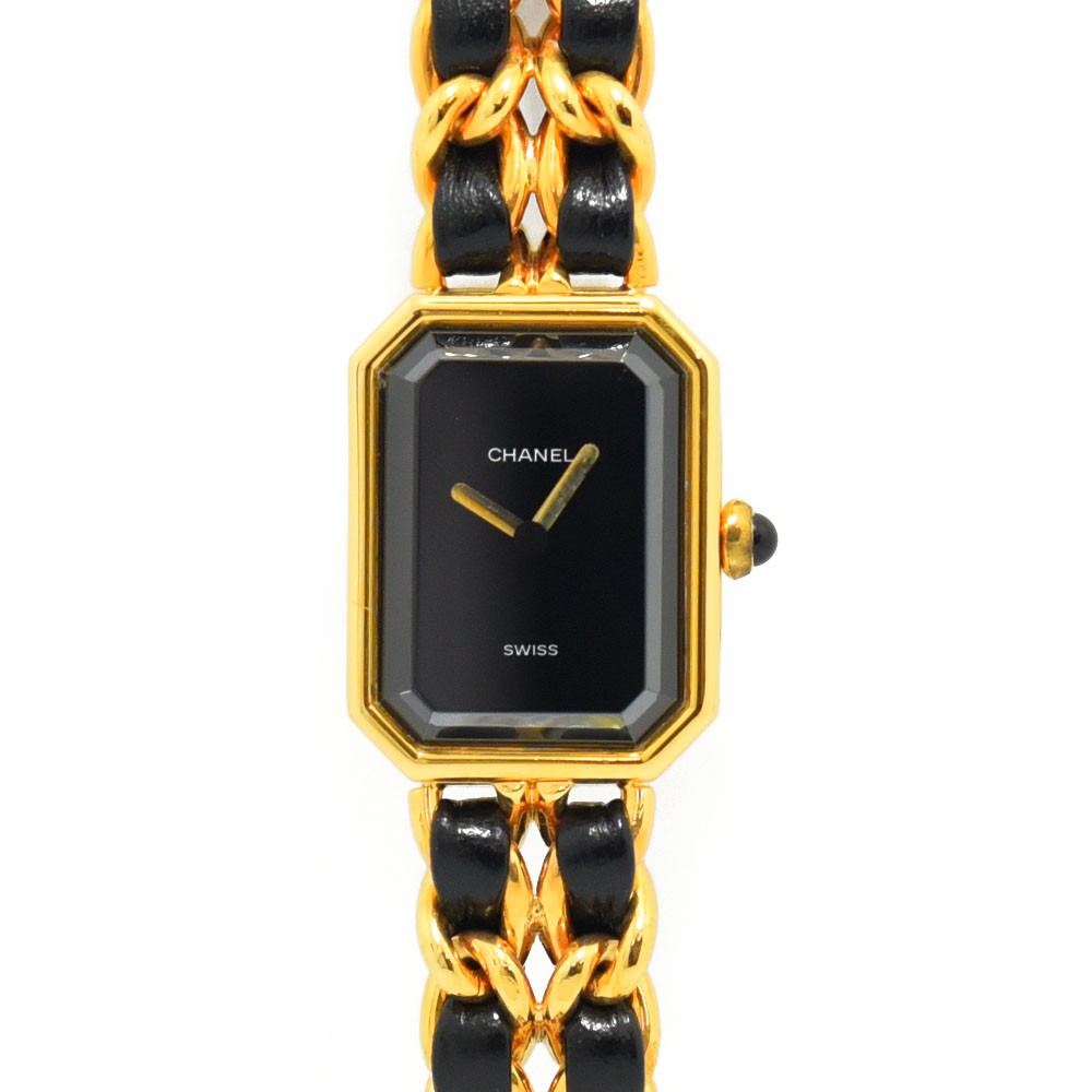 VINTAGE WATCHES FASHION シャネル プルミエールウォッチ、ゴールドトーンケース、ブラックレザーストラップ、ブラックダイヤル
