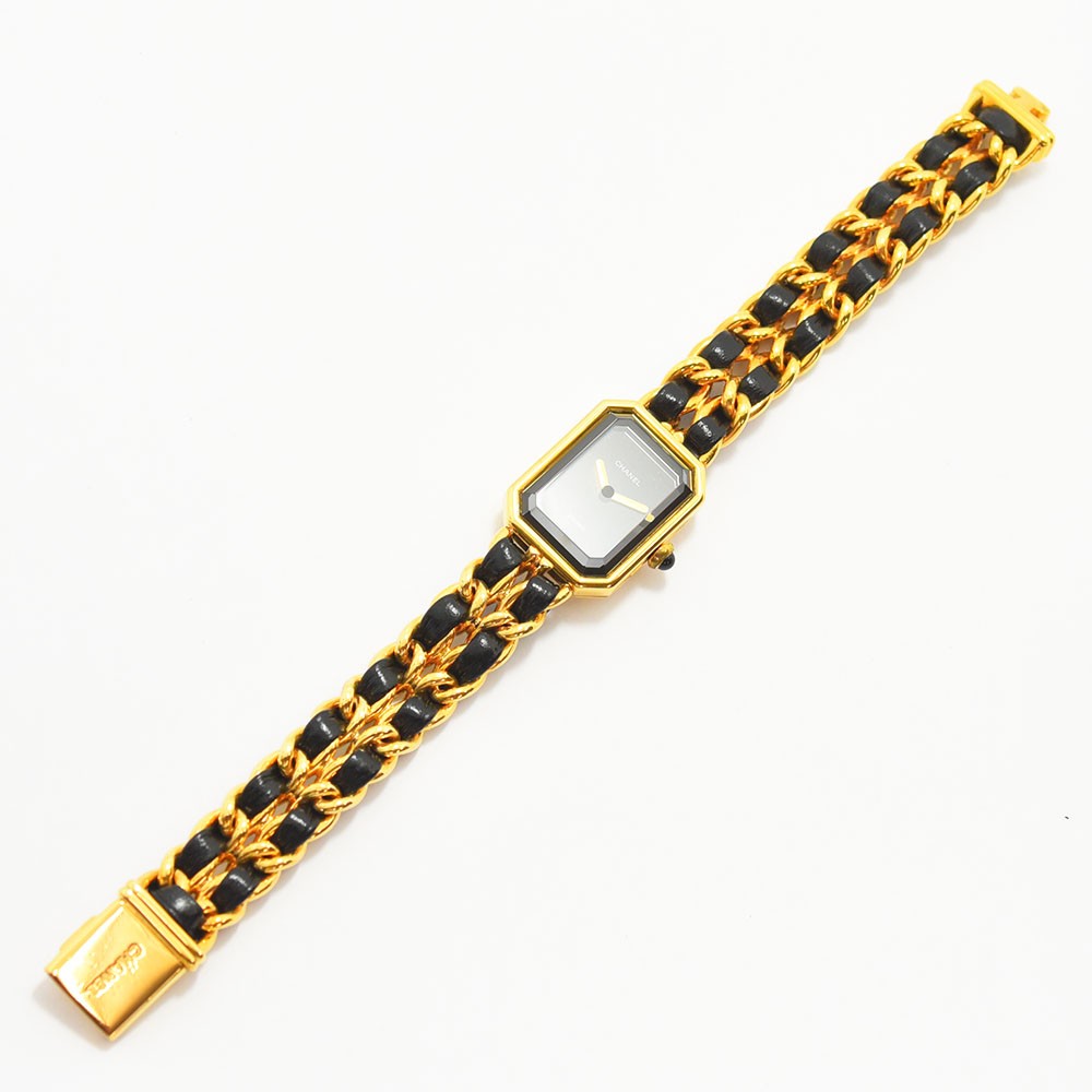 VINTAGE WATCHES FASHION シャネル プルミエールウォッチ ゴールドトーンケース ブラックレザーチェーンストラップ 八角形
