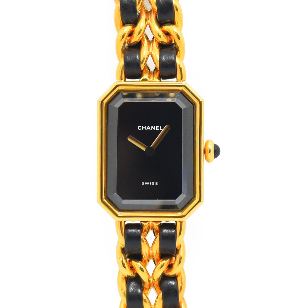 VINTAGE WATCHES FASHION シャネルのプルミエールウォッチ。ゴールドとブラックレザーのチェーンブレスレット、八角形ケース、ブラックダイヤル。