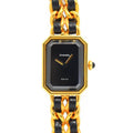 VINTAGE WATCHES FASHION シャネルのプルミエールウォッチ。ゴールドとブラックレザーのチェーンブレスレット、八角形ケース、ブラックダイヤル。
