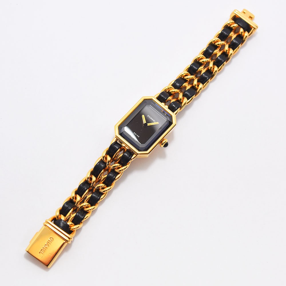 VINTAGE WATCHES FASHION シャネル プルミエールウォッチ、ゴールドチェーンとブラックレザー、八角形ケース、ブラックダイヤル、スイス製クォーツ