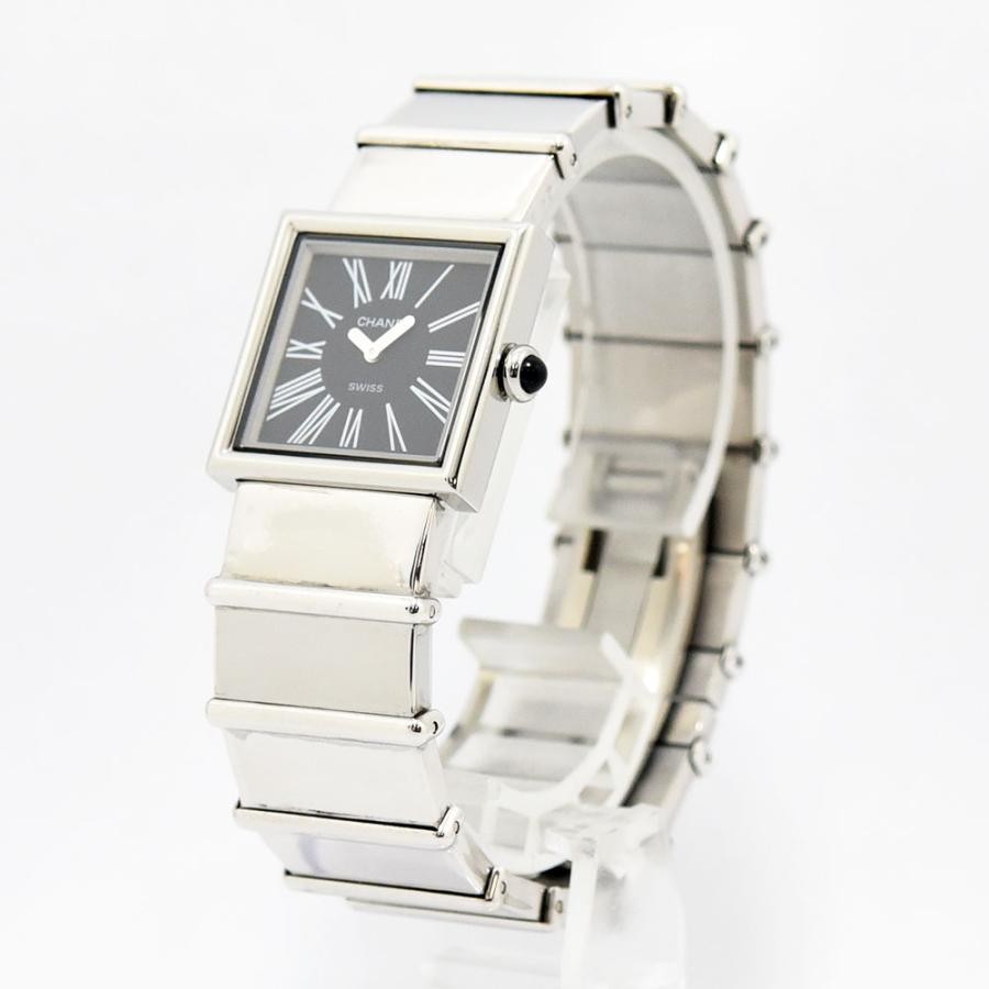 VINTAGE WATCHES FASHION シャネル レディース スクエアフェイス クォーツ 腕時計。ブラック文字盤にローマ数字、シルバーメタルブレスレット。