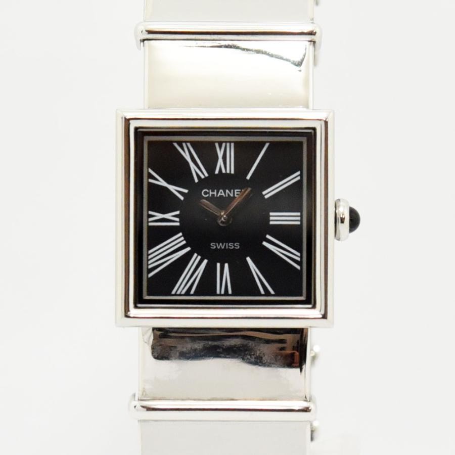 VINTAGE WATCHES FASHION シャネル レディース スクエアフェイス クォーツ 腕時計。ブラック文字盤、ローマ数字インデックス、シルバーメタルブレスレット。