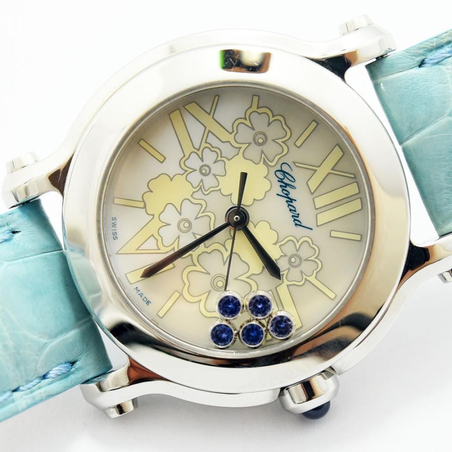 VINTAGE WATCHES FASHIONのショパール ハッピーダイヤモンドウォッチ。花柄文字盤、5つの動くダイヤモンド、ブルーのクロコダイルエンボスレザーストラップ。