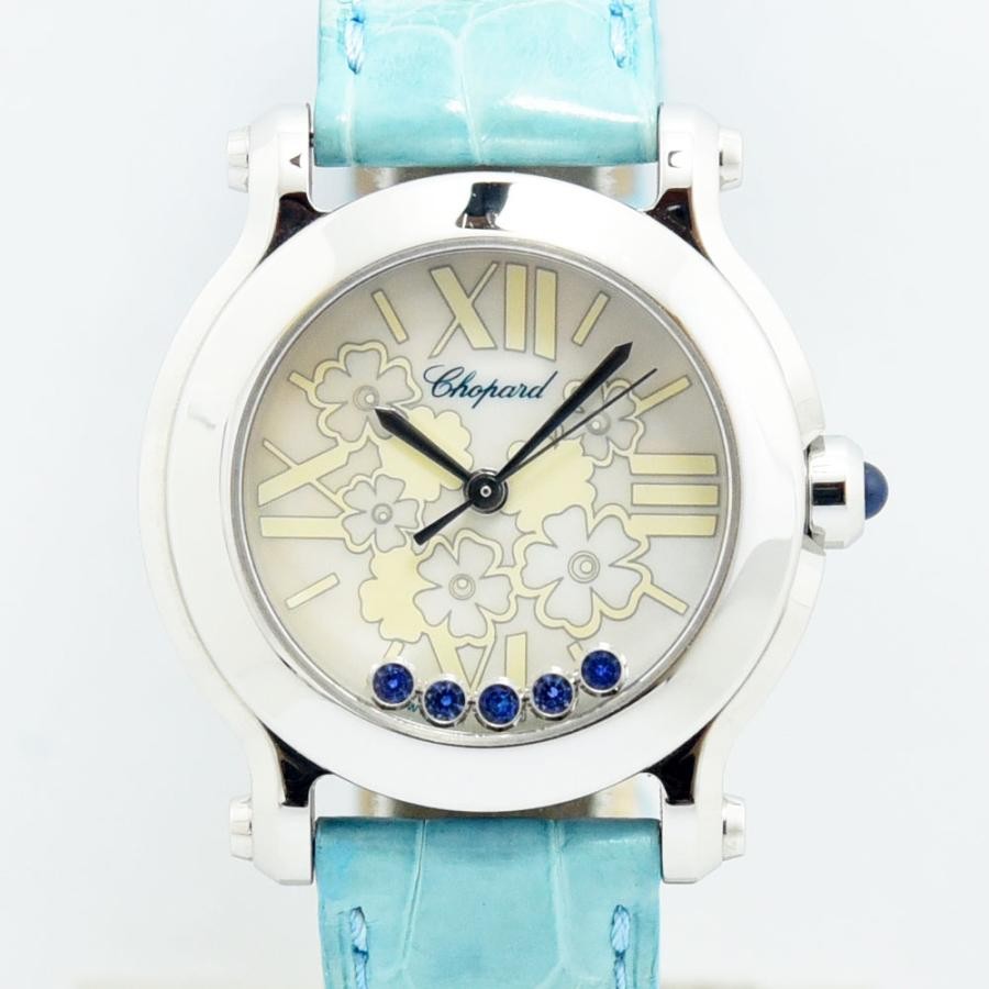 VINTAGE WATCHES FASHION ショパール ハッピーダイヤモンド ウォッチ、花柄文字盤、ブルーレザーストラップ、5つのダイヤモンド