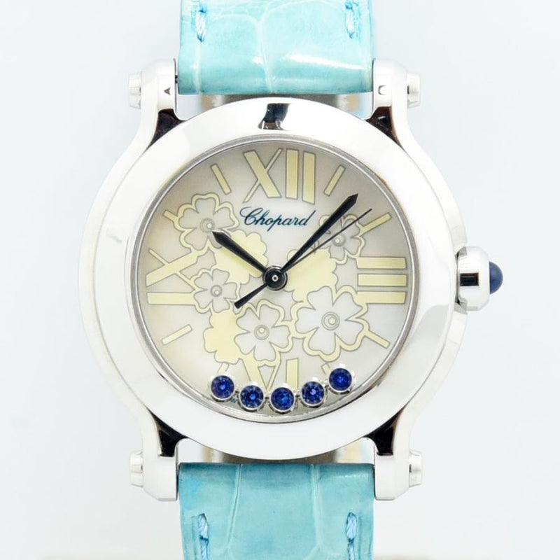 VINTAGE WATCHES FASHION ショパール ハッピーダイヤモンド ウォッチ、花柄文字盤、ブルーレザーストラップ、5つのダイヤモンド