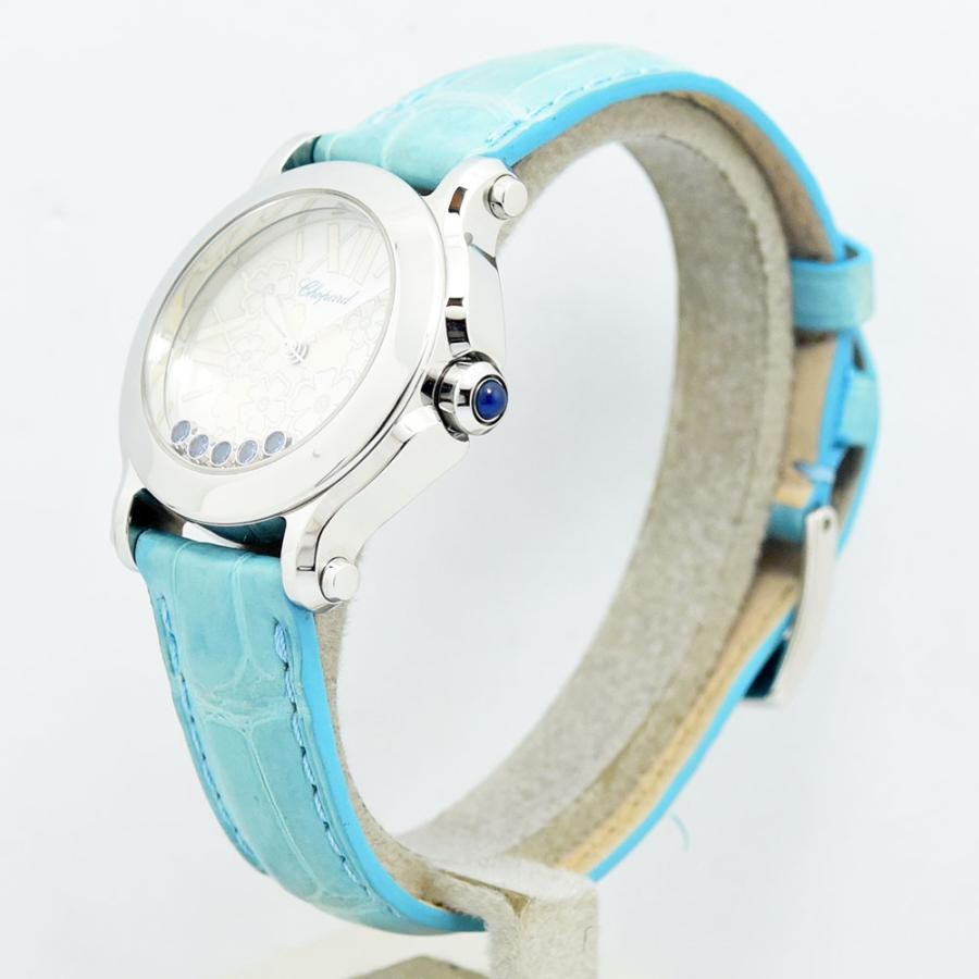 VINTAGE WATCHES FASHION ショパール ハッピーダイヤモンド ウォッチ、花柄文字盤、ブルーレザーストラップ、5つの動くダイヤモンド