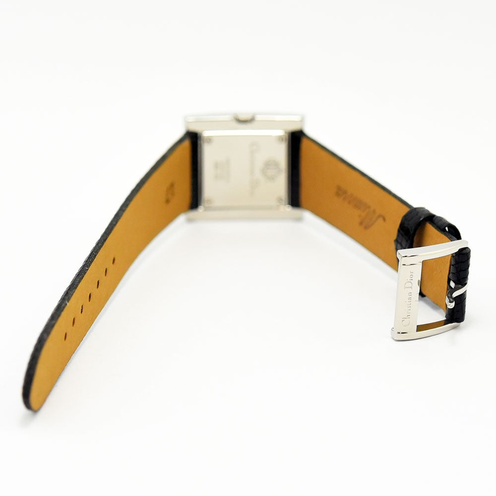 VINTAGE WATCHES FASHIONのChristian Diorレディース腕時計、ブラックレザーベルトとシルバーバックルの裏面