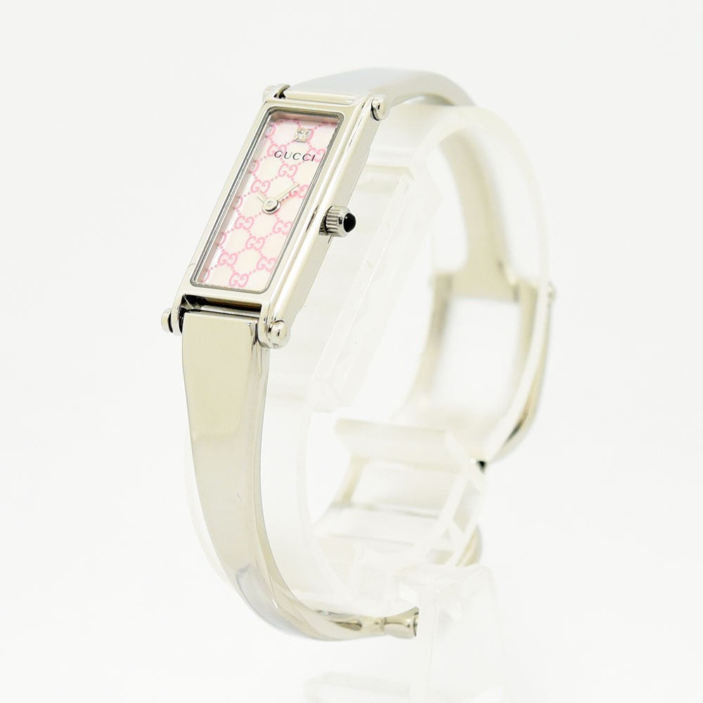VINTAGE WATCHES FASHIONのGUCCI 1500Lレディースバングルウォッチ。ピンクのGG柄文字盤にダイヤモンドが輝くステンレス製腕時計