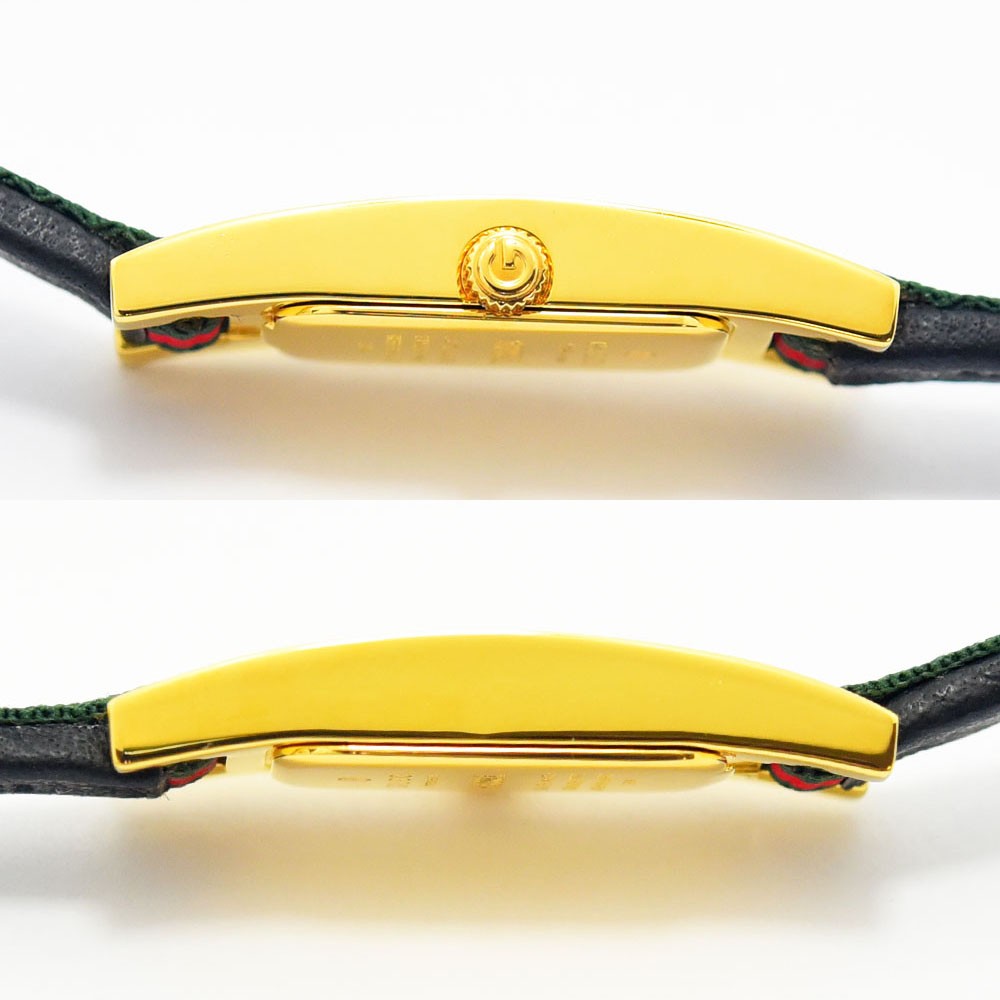 VINTAGE WATCHES FASHIONのGUCCI 3900Lレディース腕時計。ゴールドトーンの長方形ケースの側面とリュウズのクローズアップ。