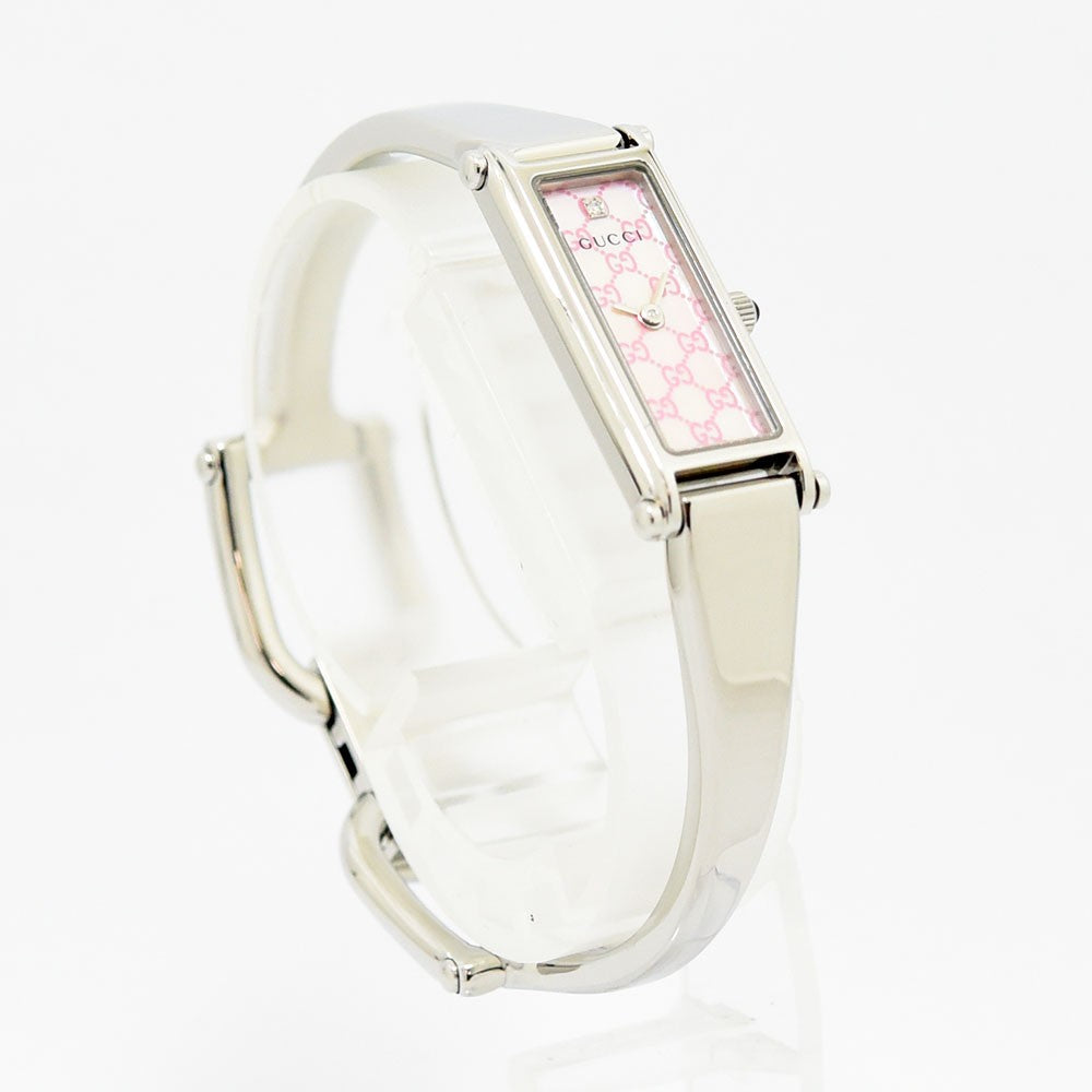 VINTAGE WATCHES FASHIONのGUCCI 1500Lバングルウォッチ。ピンクのGG柄文字盤にダイヤモンドが輝くステンレス製レディース腕時計。