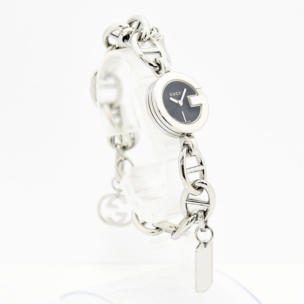 VINTAGE WATCHES FASHIONのGUCCIレディースチェーンブレスレットウォッチ。Gロゴベゼルとブラック文字盤が特徴のステンレス製腕時計