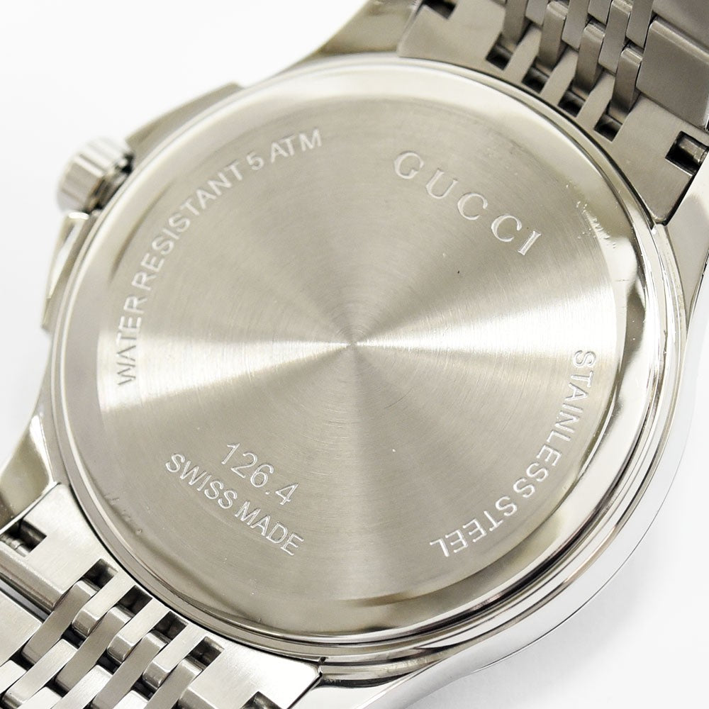 VINTAGE WATCHES FASHIONのGUCCI腕時計のステンレススチール製ケースバック。モデル番号126.4とスイス製刻印入り