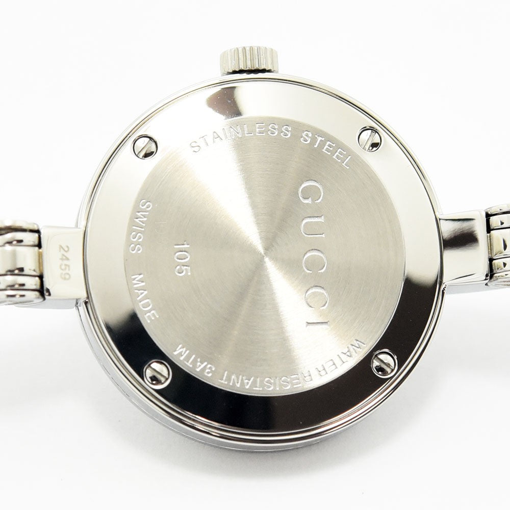 VINTAGE WATCHES FASHIONのGUCCIレディース腕時計の裏蓋。ステンレススチール製のケースバックにブランドロゴとスペックが刻印されています。