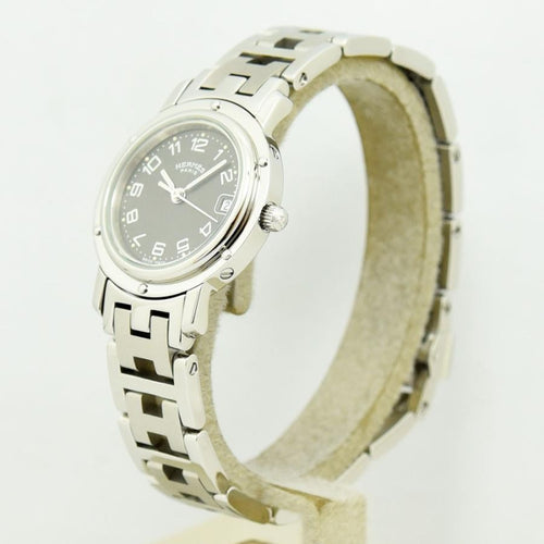 VINTAGE WATCHES FASHION エルメス クリッパー クオーツ レディース腕時計。ダークグレー文字盤、アラビア数字インデックス、日付表示、ブラウンベゼル、ステンレススチールブレスレット。
