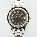 VINTAGE WATCHES FASHION エルメス クリッパー クオーツ レディース腕時計。ダークグレー文字盤、アラビア数字インデックス、日付表示、ブラウンベゼル、ステンレススチールブレスレット。