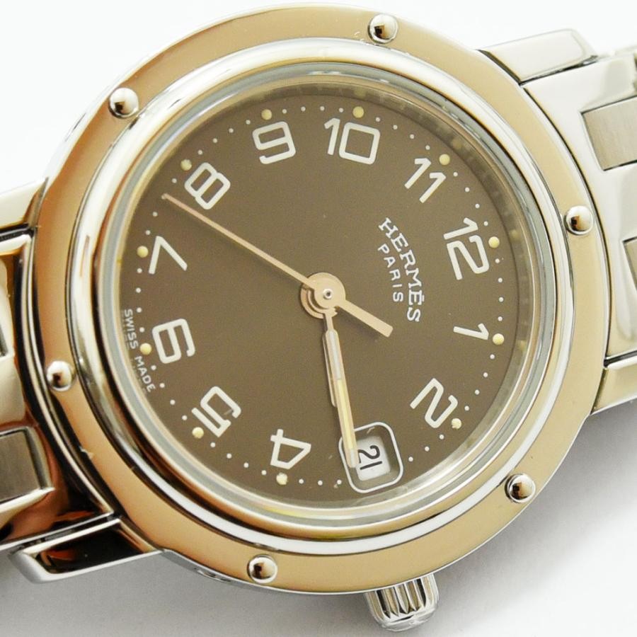 VINTAGE WATCHES FASHION エルメス クリッパー クオーツ レディース腕時計、ダークグレー文字盤、ブラウンベゼル、ステンレススチール製ブレスレット、日付表示機能付き